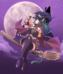  animal_ears bangs black_legwear blush boots breasts bridal_gauntlets broom broom_riding brown_eyes cape castle cat_ears cat_tail cleavage cloud commentary full_body green_hair halloween hat large_breasts long_hair midriff miniskirt moon night night_sky original outdoors parted_lips skirt sky solo star_(sky) tail thigh_boots thighhighs tonpuu witch witch_hat zettai_ryouiki 