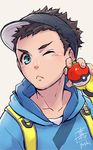  black_hair blue_eyes blush closed_mouth fingerless_gloves gloves holding holding_poke_ball hood hoodie looking_to_the_side male_focus male_protagonist_(pokemon_go) one_eye_closed poke_ball poke_ball_(generic) pokemon pokemon_go short_hair solo upper_body very_short_hair yellow_gloves yoshimi 