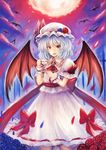  bat bow cup hat highres holding holding_cup holding_plate lavender_hair mob_cap nail_polish plate puffy_short_sleeves puffy_sleeves red_bow red_eyes red_nails remilia_scarlet short_sleeves solo suzutaka_(ringo_kakigoori) teacup touhou wings 