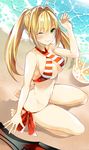  absurdres aestus_estus ahoge arched_back bad_id bad_pixiv_id ball bare_arms bare_legs bare_shoulders beach beachball bikini blonde_hair blush bow breasts cleavage collarbone criss-cross_halter day fate/grand_order fate_(series) from_side green_eyes hair_intakes halterneck hand_up highres long_hair looking_at_viewer medium_breasts navel nero_claudius_(fate)_(all) nero_claudius_(swimsuit_caster)_(fate) ocean outdoors red_bow seiza shiny shiny_hair shiosato_jun sitting solo stomach striped striped_bikini swimsuit thighs twintails water 
