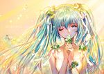  ;) blue_eyes blue_hair blue_nails bug butterfly collarbone dress eclosion floating_hair flower hair_ornament hair_ribbon hatsune_miku head_tilt holding holding_flower insect long_hair nail_polish one_eye_closed ribbon sleeveless sleeveless_dress smile solo twintails upper_body very_long_hair vocaloid white_dress white_ribbon 