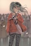  bad_id bad_pixiv_id black-framed_eyewear blurry blurry_background cardigan earrings eyewear_on_head floating_hair grey_eyes grey_hair grey_pants grey_shirt hair_between_eyes hatsune_miku head_tilt highres holding hood hood_up horns jewelry long_hair looking_at_viewer mask open_cardigan open_clothes outdoors pants parted_lips red_sweater shirt solo_focus standing suna_no_wakusei_(vocaloid) sunglasses sweater twintails vocaloid z_z 