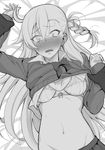  absurdres araki_jeccy bra braid breasts cleavage commentary_request fate/grand_order fate_(series) gloves greyscale highres long_hair looking_at_viewer lying medium_breasts monochrome navel olga_marie_animusphere on_back open_mouth out_of_frame pov pov_hands side_ponytail solo_focus sweat tears teeth underwear 