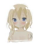 arms_at_sides asymmetrical_hair bangs blonde_hair blue_eyes blush closed_mouth collarbone eyebrows_visible_through_hair hair_between_eyes long_hair looking_at_viewer nude original partially_submerged simple_background solo tareme tia-chan uchuuneko upper_body water wet wet_hair white_background 