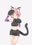  animal_ears bell blush breasts cat_ears highres midriff mkr_ue navel nonohara_yuzuko one_eye_closed pink_hair red_eyes short_hair shorts simple_background small_breasts smile solo tail white_background yuyushiki 