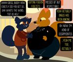  anthro belly clothing english_text gregg_(nitw) hands_on_stomach mae_(nitw) nemo night_in_the_woods obese open_mouth oral_vore overweight smile text vore 