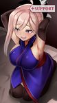  armpits arms_up asymmetrical_hair black_legwear blonde_hair blue_eyes blush breasts commentary_request elbow_gloves fate/grand_order fate_(series) full_body gloves grey_hair highres indoors japanese_clothes kimono large_breasts looking_to_the_side miyamoto_musashi_(fate/grand_order) nervous_smile open_mouth over-kneehighs platinum_blonde_hair ponytail purple_kimono seiza sideboob sin_(kami148) sitting sleeveless sleeveless_kimono smile solo thighhighs tsurime 