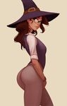  119 1girl arched_back ass breasts brown_background brown_eyes brown_hair carlos_eduardo dark_skin glasses hat highres lips long_hair looking_back medium_breasts nose simple_background solo standing thick_lips watch witch_hat wristwatch 