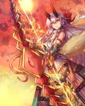  armor blood bow bow_(weapon) breasts david_lee fate/grand_order fate_(series) fire hachimaki hair_bow headband horns japanese_armor long_hair medium_breasts mitsudomoe_(shape) oni oni_horns red_eyes sideboob silver_hair solo tomoe_(symbol) tomoe_gozen_(fate/grand_order) weapon 