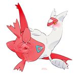  anus bebebebebe blush female feral gaping latias legendary_pok&eacute;mon nintendo pok&eacute;mon pok&eacute;mon_(species) presenting pussy pussy_juice simple_background solo spread_pussy spreading toto_(artist) video_games white_background 