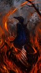  2016 alaiaorax anthro arrow avian beak bird black_beak bow corvid crow day detailed_background digital_media_(artwork) feathered_wings feathers fire holding_object holding_weapon male outside sky solo weapon wings 