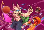  abstract_background basketball candy clothing costume cupcake feline food glowing glowing_eyes halloween holidays jeans lollipop lynx mammal muscular pants rodent squirrel sweet_roll vest waddledox 