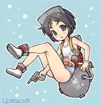  bangs black_hair blue_background boots brown_eyes diving_mask diving_mask_on_head flotation_belt full_body ground_vehicle gun highres kantai_collection looking_at_viewer maru-yu_(kantai_collection) military military_vehicle motor_vehicle omochi_(pettan_omochi) one-piece_swimsuit parted_bangs school_swimsuit short_hair solo swimsuit thick_eyebrows twitter_username underwater weapon white_school_swimsuit white_swimsuit 