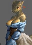  &lt;3 2017 absurd_res anthro argonian blush breasts brown_eyes clothed clothing corset exposed_breasts female grey_background hi_res horn lingerie looking_at_viewer lusty_argonian_maid nat_the_lich nipple_slip nipples reptile scalie shirt simple_background skirt solo the_elder_scrolls video_games 