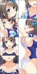  armpits arms_up ass blue_bow blue_eyes blue_swimsuit blush bow breasts brown_hair cleavage collarbone competition_school_swimsuit competition_swimsuit cum cum_on_body eyebrows_visible_through_hair facial hair_bow highres hino_minato_(spec.c) japanese_clothes looking_at_viewer love_live! love_live!_sunshine!! medium_breasts mijuku_dreamer one-piece_swimsuit open_mouth shiny shiny_skin short_hair sideboob swimsuit tasuki watanabe_you 