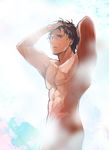  abs biceps brown_hair collarbone hands_in_hair idolmaster idolmaster_cinderella_girls kyoshincats looking_at_viewer male_focus muscle nipples nude parted_lips pectorals producer_(idolmaster_cinderella_girls_anime) showering solo steam water wet 