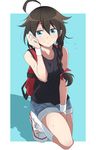  ahoge alternate_costume backpack bag bare_arms bare_shoulders blue_eyes braid brown_hair casual closed_mouth collarbone commentary_request denim denim_shorts eyebrows_visible_through_hair hair_between_eyes hair_flaps hair_ribbon highres kantai_collection kneehighs leg_up long_hair nel-c outside_border red_ribbon remodel_(kantai_collection) ribbon shigure_(kantai_collection) shoes short_shorts shorts simple_background single_braid sleeveless smile sneakers solo sweat sweatband tank_top teal_background white_legwear 