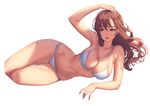  arm_support arm_up bangs bikini breasts brown_hair cleavage fingernails hair_between_eyes large_breasts long_fingernails long_hair looking_to_the_side love_cacao lying navel on_side original parted_lips purple_eyes side-tie_bikini simple_background skindentation solo swimsuit thighs tsurime wavy_hair white_background white_bikini 