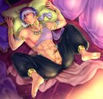  1boy barefoot bed erection feet invitation lying penis purple_hair smile solo testicles 