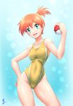  :d alternate_color aozame_takao ass_visible_through_thighs bare_arms bare_shoulders blue_background blush competition_swimsuit contrapposto covered_navel cowboy_shot gradient gradient_background groin hand_on_hip highres holding holding_poke_ball kasumi_(pokemon) looking_at_viewer one-piece_swimsuit open_mouth orange_hair poke_ball poke_ball_(generic) pokemon pokemon_(game) pokemon_hgss pokemon_rgby print_swimsuit short_hair side_ponytail signature smile solo standing swimsuit thighs yellow_swimsuit 