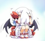  arms_up bat_wings black_wings bloomers blue_hair bow cowering flying_sweatdrops full_body gameplay_mechanics ham_(points) hands_on_headwear hat hat_bow immaterial_and_missing_power lowres mob_cap motion_lines red_bow remilia_scarlet shoes short_sleeves solo touhou underwear white_hat wings wristband 