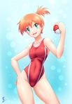  :d alternate_color aozame_takao ass_visible_through_thighs bare_arms bare_shoulders blue_background blush competition_swimsuit contrapposto covered_navel cowboy_shot gradient gradient_background groin hand_on_hip highres holding holding_poke_ball kasumi_(pokemon) looking_at_viewer one-piece_swimsuit open_mouth orange_hair poke_ball poke_ball_(generic) pokemon pokemon_(game) pokemon_hgss pokemon_rgby print_swimsuit red_swimsuit short_hair side_ponytail signature smile solo standing swimsuit thighs 