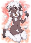  2015 anthro bell blush brown_eyes brown_skin caprine collar female hair hooves horn kneeling kure looking_at_viewer mammal naturally_censored navel nude open_mouth razor_(object) sheep simple_background solo white_hair wool 