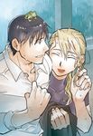  1girl animal black_eyes black_hair black_shirt blackfoxes blonde_hair closed_eyes eyebrows_visible_through_hair frog frog_on_head fullmetal_alchemist happy highres long_hair open_mouth rain riza_hawkeye roy_mustang shirt short_hair smile wet wet_clothes wet_hair white_shirt 