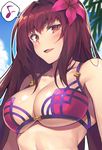  :d bangs bare_shoulders bikini_top blue_sky blush breasts cleavage cloud collarbone commentary day eighth_note eyebrows_visible_through_hair fate/grand_order fate_(series) flower g.t hair_flower hair_intakes hair_ornament hibiscus large_breasts long_hair looking_at_viewer musical_note open_mouth outdoors pink_bikini_top red_eyes red_hair scathach_(fate)_(all) scathach_(swimsuit_assassin)_(fate) sky smile solo spoken_musical_note underboob upper_body 