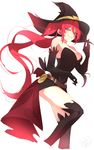  absurdres azure-zer0 breasts cleavage commentary dress elbow_gloves gloves green_eyes halloween halloween_costume hat highres large_breasts long_hair pyrrha_nikos red_hair rwby solo strapless strapless_dress witch_hat 