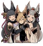  2girls animal_ears backless_outfit bell blush closed_eyes elbow_gloves emu_(losspass) erune fox_ears gloves granblue_fantasy hair_bell hair_ornament kou_(granblue_fantasy) long_hair multiple_girls off_shoulder open_mouth red_eyes smile socie_(granblue_fantasy) tail yuel_(granblue_fantasy) 
