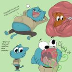  abdominal_bulge anthro cartoon_network clothing darwin_watterson da~blueguy digestion english_text gumball_watterson looking_down open_mouth oral_vore smile teeth text the_amazing_world_of_gumball throat vore 