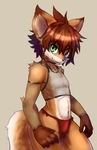  2017 anthro black_nose brown_fur brown_hair canine clothing cub fur green_eyes hair kemorate looking_at_viewer male mammal red_underwear simple_background smile solo standing underwear white_fur young 