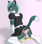  2017 anthro black_fur black_topwear blush bulge butt cat cel_shading clothed clothing crossdressing dipstick_ears dipstick_tail dress feline fully_clothed fur girly green_fur hair legwear looking_back maid_uniform male mammal multicolored_tail pink_nose pink_underwear raised_tail rear_view short_hair simple_background solo stockings teal_eyes teal_hair underwear uniform urine valty valtykeaton watersports wetting white_armwear white_fur white_legwear 
