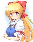  bangs blonde_hair blue_dress blue_eyes blush bow closed_mouth copyright_request dress eyebrows_visible_through_hair hair_bow high_ponytail highres light_smile long_hair looking_at_viewer looking_to_the_side ponytail puffy_short_sleeves puffy_sleeves red_bow red_ribbon ribbon shirt short_sleeves sidelocks simple_background solo very_long_hair white_background white_shirt yuu_(yumezakura) 