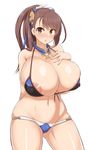  :o alternate_breast_size areola_slip areolae arm_behind_back ass_visible_through_thighs bangs bare_shoulders beatrix_(granblue_fantasy) bikini blush breasts brown_eyes brown_hair collarbone covered_nipples cowboy_shot detached_collar eyebrows_visible_through_hair granblue_fantasy groin hand_on_own_chest huge_breasts long_hair lowleg lowleg_bikini mismatched_bikini navel nipples one_breast_out open_mouth ponytail shiny shiny_skin simple_background solo standing swimsuit thighs v-shaped_eyebrows white_background yamaori 