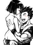  1girl black_hair blush carrying closed_eyes dougi dragon_ball dragon_ball_super dragon_ball_z dress hands_on_another's_back happy monochrome open_mouth short_hair simple_background smile son_gohan spot_color videl white_background wristband yochimune 