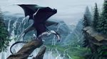  2016 alaiaorax amazing_background ambiguous_gender day detailed_background digital_media_(artwork) dragon feral membranous_wings river rock scales sky solo spines spread_wings teeth tree white_scales wings wyvern 