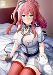  1girl admiral_(kantai_collection) bed bed_sheet black_gloves blue_eyes blush breast_pocket breasts brown_hair cleavage commentary cover cover_page doujin_cover fingerless_gloves gloves headgear holding_hands kantai_collection large_breasts long_hair looking_at_viewer out_of_frame pocket pov pov_hands red_hair red_legwear remodel_(kantai_collection) revision rui_shi_(rayze_ray) saratoga_(kantai_collection) scarf sitting thighhighs white_gloves zettai_ryouiki 