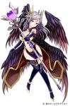  black_footwear black_gloves black_wings boots breasts cleavage copyright_name elbow_gloves feathered_wings full_body fur_trim gloves grey_hair hair_ornament hera_(hoshi_no_girls_odyssey) holding holding_staff hoshi_no_girls_odyssey large_breasts long_hair looking_at_viewer minamoto_mamechichi official_art silver_eyes simple_background smile solo staff thigh_boots thighhighs white_background wings 