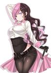  arm_up artist_request belt black_gloves blush breasts brown_eyes brown_hair covered_navel gloves half-closed_eyes hand_behind_head heterochromia long_hair looking_at_viewer medium_breasts multicolored_hair neo_(rwby) pants pink_hair purple_eyes rwby simple_background smile solo two-tone_hair umbrella white_background 