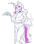  2017 anthro big_breasts breasts bulge changeling cigarette cigarette_holder cleavage clothed clothing collar dickgirl dress eyeshadow fan_character fangs flaccid gun handgun intersex lipstick looking_at_viewer makeup my_little_pony no_trigger_discipline penis protoqueen_bountiful_(oc) ranged_weapon revolver simple_background slit_pupils smile smoking solo weapon zwitterkitsune 