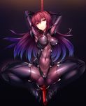  absurdres armpits arms_behind_head arms_up ass ass_visible_through_thighs bangs black_background black_footwear black_gloves black_legwear blush bodysuit boots breasts breasts_apart buttons commentary_request covered_navel covered_nipples elbow_gloves enty_reward eyebrows_visible_through_hair fate/grand_order fate_(series) full_body gae_bolg gloves gradient_hair grin hair_between_eyes hair_intakes half-closed_eyes high_heel_boots high_heels highres holding holding_spear holding_weapon huge_filesize impossible_bodysuit impossible_clothes lance large_breasts long_hair looking_at_viewer looking_to_the_side multicolored_hair naughty_face open_mouth paid_reward parted_lips pauldrons pink_lips polearm purple_bodysuit purple_eyes purple_hair red_eyes scathach_(fate)_(all) scathach_(fate/grand_order) shiny shiny_clothes shoulder_pads silly_(marinkomoe) skin_tight smile solo spear spread_legs squatting teeth thigh_boots thighhighs turtleneck very_long_hair weapon weapon_on_back 