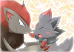  2010 ambiguous_gender anthro black_fur black_nose blue_eyes blush claws cub cute duo eyes_closed feral fur grey_fur hair lightria nintendo nose_boop open_mouth pok&eacute;mon pok&eacute;mon_(species) red_fur red_hair simple_background video_games young zoroark zorua 