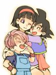  2boys ;) black_hair blush_stickers chinese_clothes closed_eyes dragon_ball dragon_ball_super eyebrows_visible_through_hair hand_on_own_face hands_on_another's_shoulder happy hug multiple_boys one_eye_closed open_mouth overalls purple_eyes purple_hair short_hair simple_background smile son_goten trunks_(dragon_ball) videl white_background wristband yochimune 