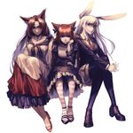 animal_ears arm_support black_dress black_legwear braid brooch brown_eyes brown_hair bunny_ears cat_ears closed_mouth collarbone commentary_request dress extra_ears hair_ribbon high_heels highres imaizumi_kagerou interlocked_fingers jacket jewelry juliet_sleeves kaenbyou_rin long_hair long_sleeves looking_at_viewer multiple_girls necktie pantyhose puffy_sleeves red_eyes red_hair reisen_udongein_inaba revision ribbon ruukii_drift shaded_face shirt silver_hair simple_background sitting skirt smile striped striped_legwear tail thighhighs touhou twin_braids underbust v_arms very_long_hair white_background wide_sleeves wolf_ears zettai_ryouiki 