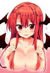  areolae bangs blush breasts collarbone demon_girl gradient gradient_background hair_censor head_wings heart highres koakuma large_breasts long_hair looking_at_viewer maturiuta_sorato nude pink_background red_eyes red_hair smile solo touhou upper_body white_background 