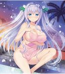  bare_legs blue_eyes breasts cleavage closed_mouth covering flower_knight_girl hair_ornament hairband kinutasou_(flower_knight_girl) large_breasts long_hair looking_at_viewer naruse_mamoru nude_cover onsen petals pink_towel silver_hair smile solo towel water 
