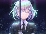  androgynous black_neckwear collared_shirt crying crying_with_eyes_open diamond_(houseki_no_kuni) elbow_gloves gem_uniform_(houseki_no_kuni) gloves holding holding_sword holding_weapon houseki_no_kuni looking_at_viewer multicolored multicolored_eyes multicolored_hair necktie ozzingo shiny shiny_hair shirt short_hair short_sleeves solo sparkle sword tears uniform weapon white_gloves 