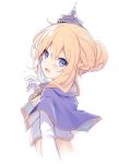  1girl bangs blonde_hair blue_eyes blush braid capelet character_request commentary_request copyright_request eyebrows_visible_through_hair gloves hair_between_eyes hair_bun headgear kedama_milk looking_at_viewer open_mouth purple_capelet solo tears upper_body white_gloves 